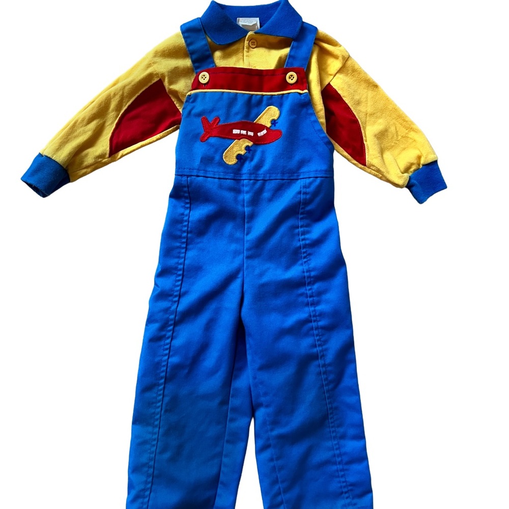 2 Piece Set! Long Sleeve and Blue Overalls with Airplane Accent
